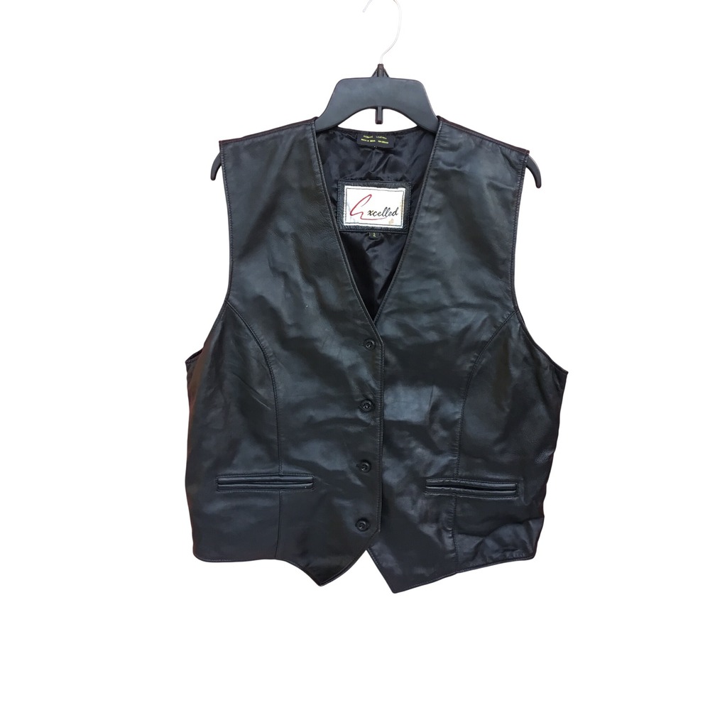 Excelled Mens Black Genuine Leather Biker Western Vest Size L Button Front Cinch
